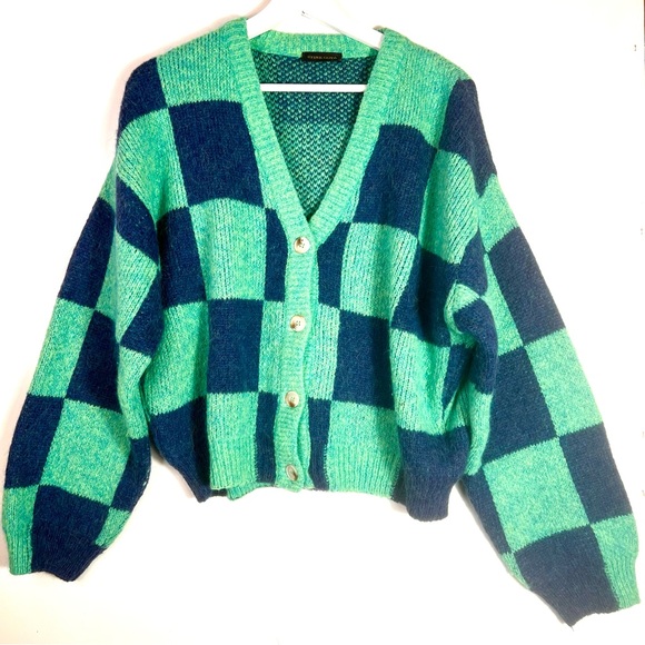 STINE GOYA Amara Cardigan Green Navy Checkered Size Medium - Picture 3 of 13
